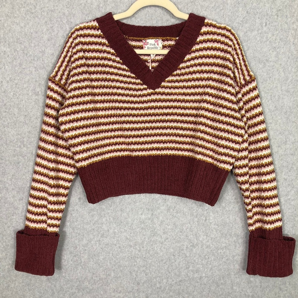 Pink Republic Cropped‎ Sweater Medium Burgundy Cream Soft Cozy Retro Whimsical